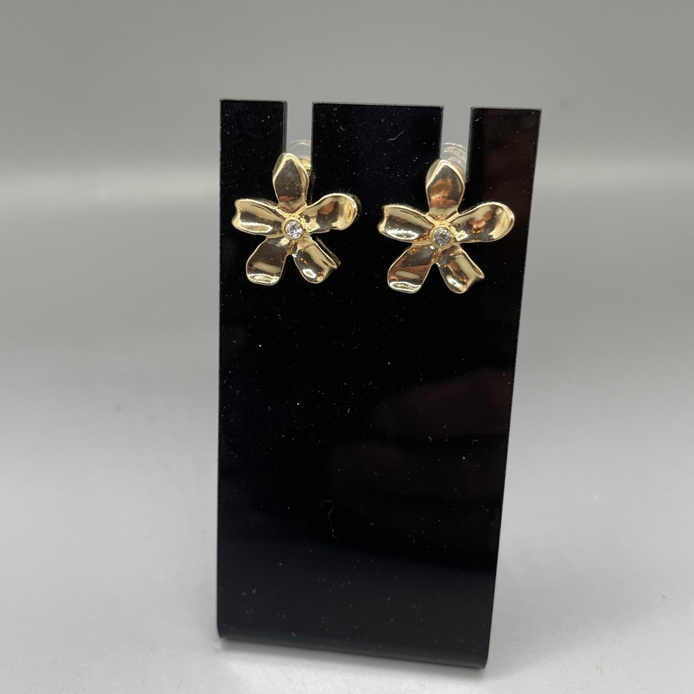 Gold Tone Flower Stud Earrings with Crystal Center Floral Jewelry